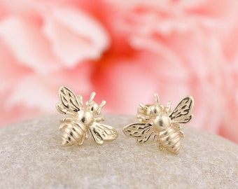 Solid 14k Yellow Gold 3D Tiny Golden Bee Earrings Studs