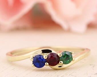 3 or 4 Birthstones Family Mother's Ring in Solid 10k or 14k White,  Yellow Or Rose Gold