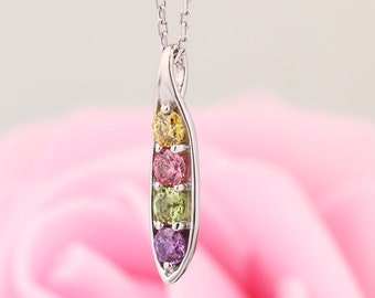 Solid 10k White Gold Pendant  Family Peas in a Pod for Moms, 2 to 5 Birthstones, (Silver Chain Included)