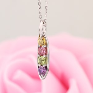 Solid 10k White Gold Pendant  Family Peas in a Pod for Moms, 2 to 5 Birthstones, (Silver Chain Included)