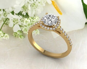 IGI Certified Lab Grown Diamond Solid 14K Yelow /White / Rose Gold Halo Floral Engagement Ring / Bridal Wedding Ring Gift For Her