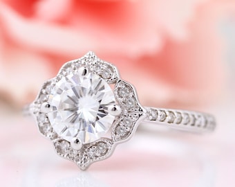 IGI Certified Lab Grown Diamond Engagement Ring  , Vintage Floral style Bridal Ring Set  In 14k White Gold ,Yellow Gold, Rose Gold