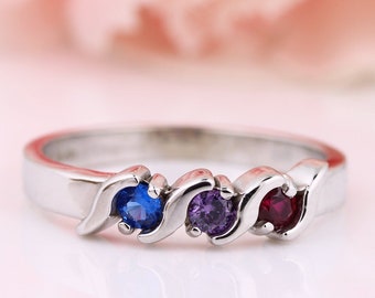 Solid 10k  Yellow Gold  Birthstones Mother's Ring ( 2-6 Stones ) , Family Wave Ring. *****(Fast Shipping)*****