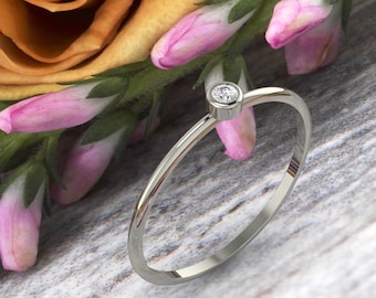 White  Gold Diamond Ring/ 14k White Gold Bezel Set Diamond 0.03 ctw Engagement Ring/ Promise Ring/ Dainty Diamond Ring --Ready to Ship