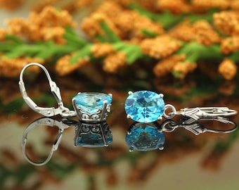 Natural AAA Paraiba-Color Topaz earrings Vintage Scroll Style Earrings 14k white Gold Blue Topaz Earrings 10x8mm Oval dangle Earring