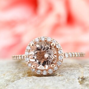 Natural Morganite Ring Set, Diamond Halo Morganite Engagement Ring in 14k Roes gold, 7mm gemstone - Gem1203 image 2