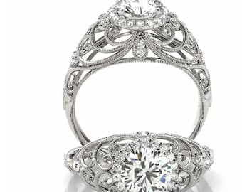 1 ct  6.5mm Round  Forever One (GHI) Moissanite Solid 14k white gold Antique Style diamond Engagement Ring- Ov95791
