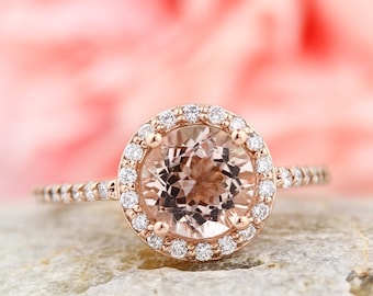 Natural Morganite Ring Set, Diamond Halo Morganite Engagement Ring in 14k Roes gold, 7mm gemstone - Gem1203