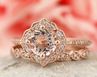 AAA Morganite Engagement Ring Set  Diamond Wedding Ring Set with Art deco band In 14k Rose Gold Gem1224