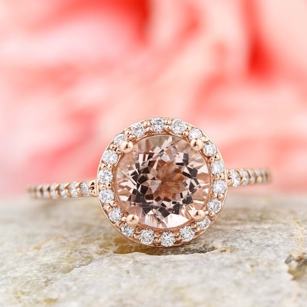 Natural Morganite Ring Set, Diamond Halo Morganite Engagement Ring in 14k Roes gold, 7mm gemstone - Gem1203