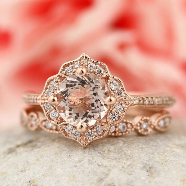AAA Morganite Engagement Ring Set  Diamond Wedding Ring Set with Art deco band In 14k Rose Gold Gem1224