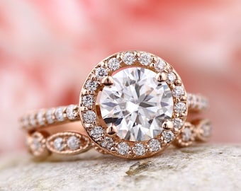 14k Rod Gold  Moissanite (EF) Engagement Ring Set, Wedding Ring Set, Floral Style With art deco band In 14k Rose Gold Gem1445