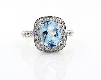 Natural AAA Aquamarine Solid 14K White Gold Diamond  Engagement Ring Gem586