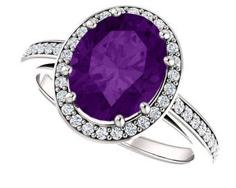 Natural 10x8mm  Purple Amethyst Solid 14K White Gold Diamond engagement  Halo Ring ST233199