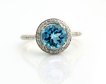 Natural AAA  8mm Round Swiss blue Topaz Solid 14K White Gold Diamond engagement  Halo Ring - Gem839- ON SALE!!!!!