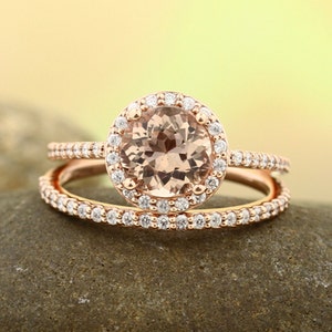 Natural AAA Morganite Ring Set, Diamond Halo Morganite Engagement Ring Band Set, Roes gold, 7mm gemstone Gem1203 image 9