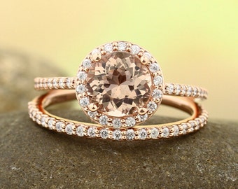 Natural AAA Morganite Ring Set, Diamond Halo Morganite Engagement Ring Band Set, Roes gold, 7mm gemstone - Gem1203