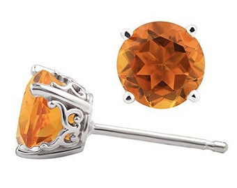 Solid 14k White Gold  AAA Natural Citrine Scroll  Stud Earrings, 6mm Round