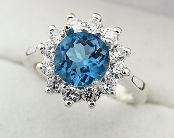 Natural  8MM Swiss Blue Topaz Solid 14K White Gold Ring