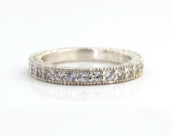 Natural Diamond Antique style Wedding Band Ring 14k White Gold Gem826