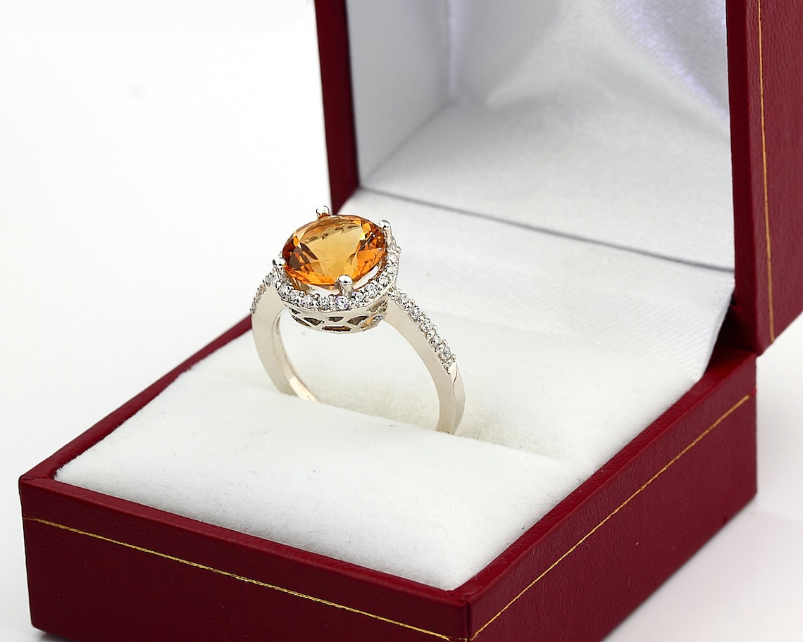 Citrine Ring in 14K White Gold with Yellow Sapphires for Women Anniversary Party Gifts