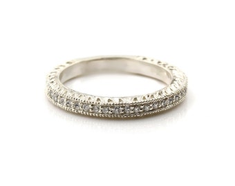 Natural Diamond  Sculptural Antique style Wedding Band Ring 14k White Gold--- Gem918