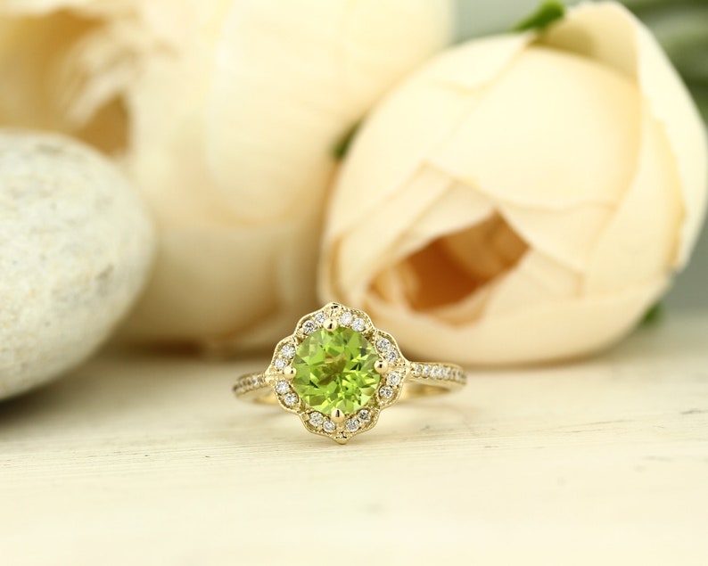 Natural Peridot Engagement Ring Diamond Wedding Ring Vintage - Etsy