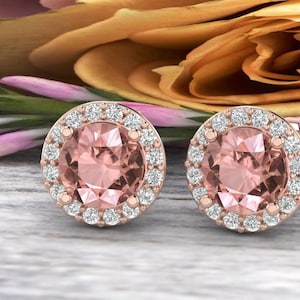 Natural Diamond & Morganite  Halo Stud Earrings In 14K Rose  G166