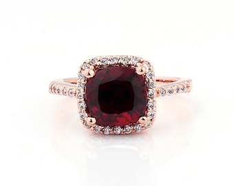 Natural Cushion Red Garnet Solid 14K Rose Gold Diamond engagement Ring