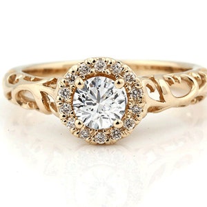 1/2ct 5mm Forever One (GHI) Moissanite  Solid 14k Yellow gold Antique Floral Style diamond Engagement Ring Set- Ov61966