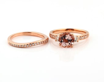 Natural  Round Pink Morganite  Solid 14K Rose Gold Diamond engagement  Ring set - Gem838