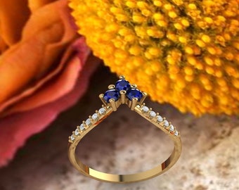 Unique Curved wedding band 14K gold Round Natural Sapphire /Moissanite wedding ring stacking matching band Bridal set Promise Gift for women