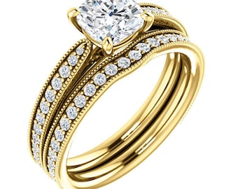 1ct 6mm Cushion Cut Forever One (GHI) Moissanite Solid 14K Yellow Gold   Engagement  Ring Set  - ST82799