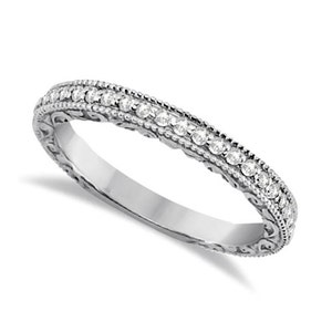 Milgrain & Filigree Diamond Wedding Band ,Sculptural Antique style Wedding Band in 14k White Gold--- ENS4391 gem1157