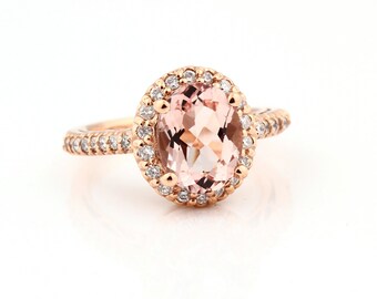 Natural Morganite Solid 14K Rose Gold Diamond engagement  Halo Ring-antique Style - Gem748