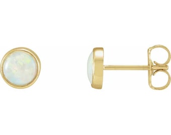 Genuine Australian White Opal  Cabochon Bezel Set Stud Earrings-6mm Round In 14K White / Yellow Gold