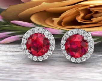 Natural Diamond & lab Created Ruby Halo Stud Earrings In 14K White/Yellow G166