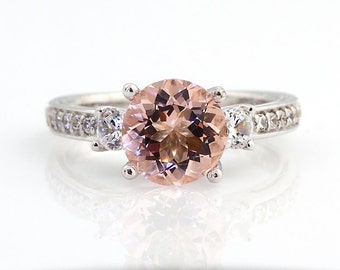 Natural AAA 8MM Round Pink Morganite  Solid 14K White Gold Diamond engagement  Ring - Gem838