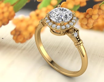 Solid 14K Gold 1.25 Ct Round  Moissanite (DEF) Artdeco  vintage Style  Engagement Ring Set,Diamond Ring,Moissanite wedding ring Gift For Her