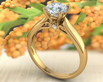 Solid 14K Gold 1.00CT Round Moissanite (DEF) Engagement Ring Gift For Her