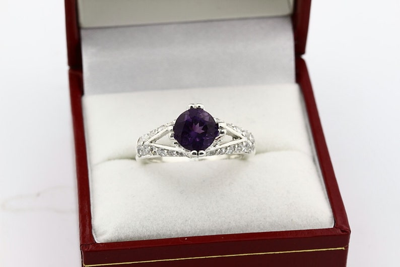 Natural VS purple Amethyst Solid 14K White Gold Diamond Ring image 3