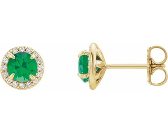 Natural Diamond & lab Created Emerald Halo Earrings In 14K White/Yellow/Rose Gold