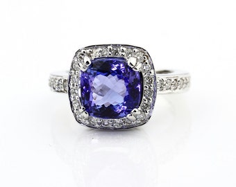 Natural Square Cushion Fancy Cut Tanzanite Solid 14K White Gold Diamond engagement Ring - Gem771