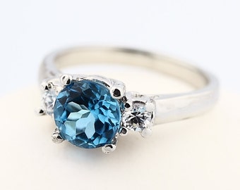 Natural  VVS Swiss Blue Topaz Solid 14K White Gold Diamond  Ring