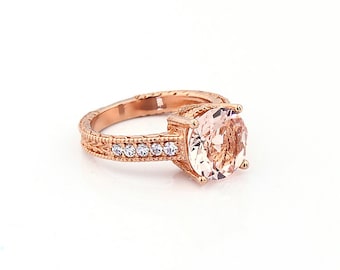 Stunning AAA Natural Round Morganite  Solid 14K Rose Gold Diamond engagement Ring-antique style