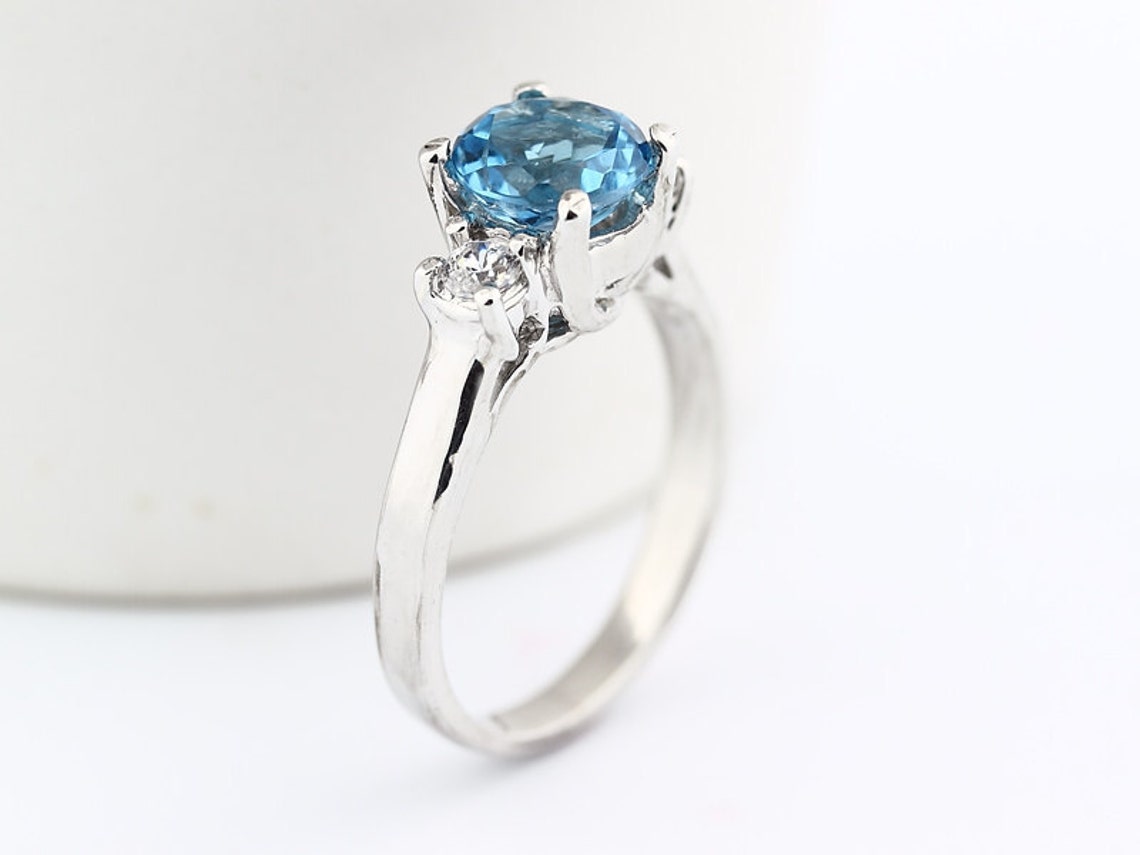 Natural VVS Swiss Blue Topaz Solid 14K White Gold Diamond Ring - Etsy