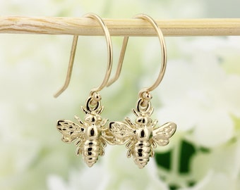 14K Solid Gold Yellow or White Gold Honey Bee  Earrings with French Hook