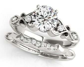 Certified  Forever One  Moissanite 14K White Gold Diamond  Engagement  Ring Set with Floral Design  - OV61897