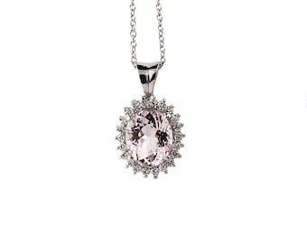 Natural Oval  Morganite   Solid 14K White Gold Diamond pendant with 18" Cable chain