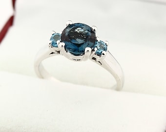 7mm Round Natural London blue, sides Swiss blue topaz Solid 14K White Gold Ring